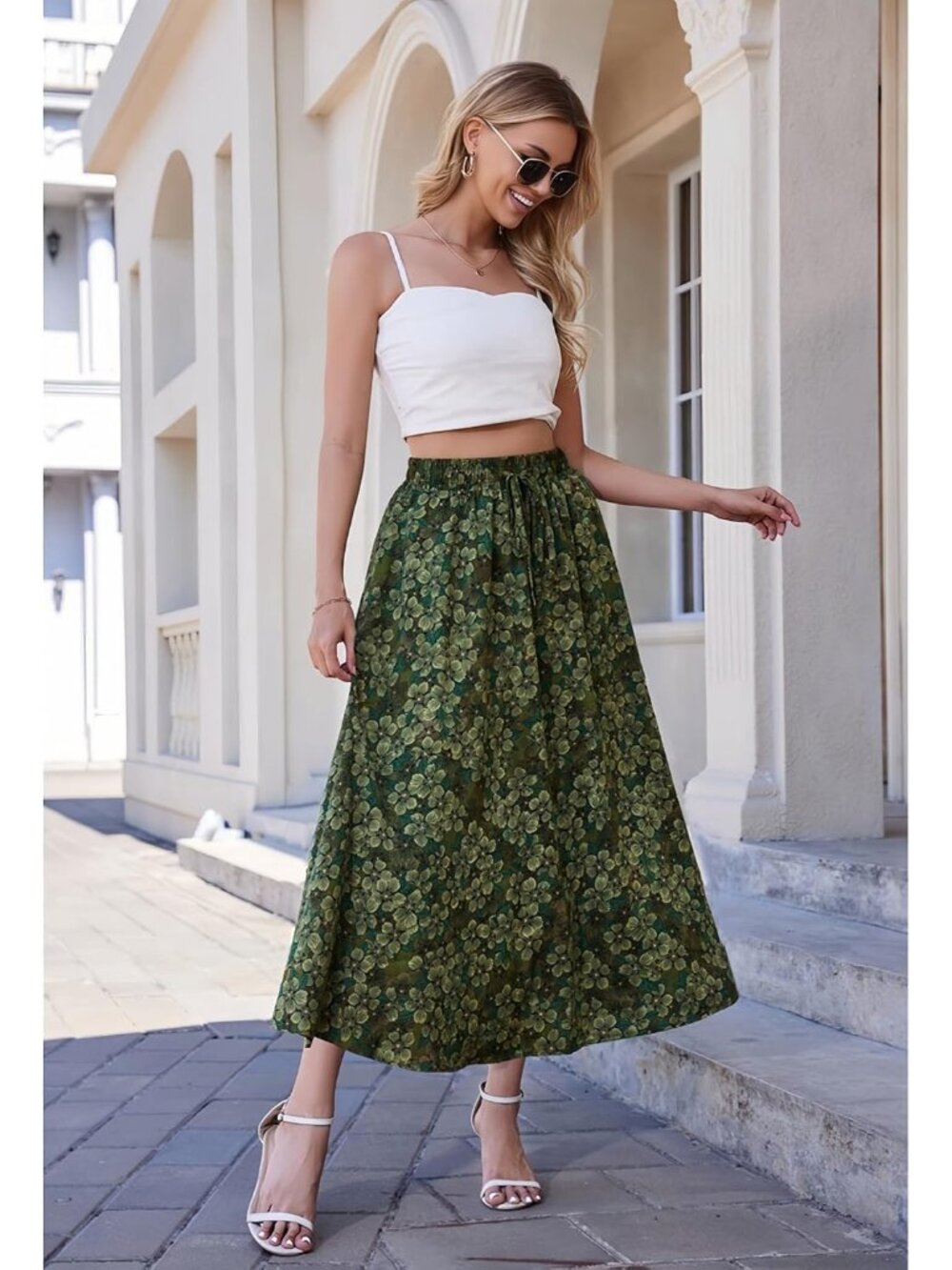 Womens Green Floral 100% Polyester Elastic Length Casual with Pockets Maxi Skirt - Picture 5 of 6